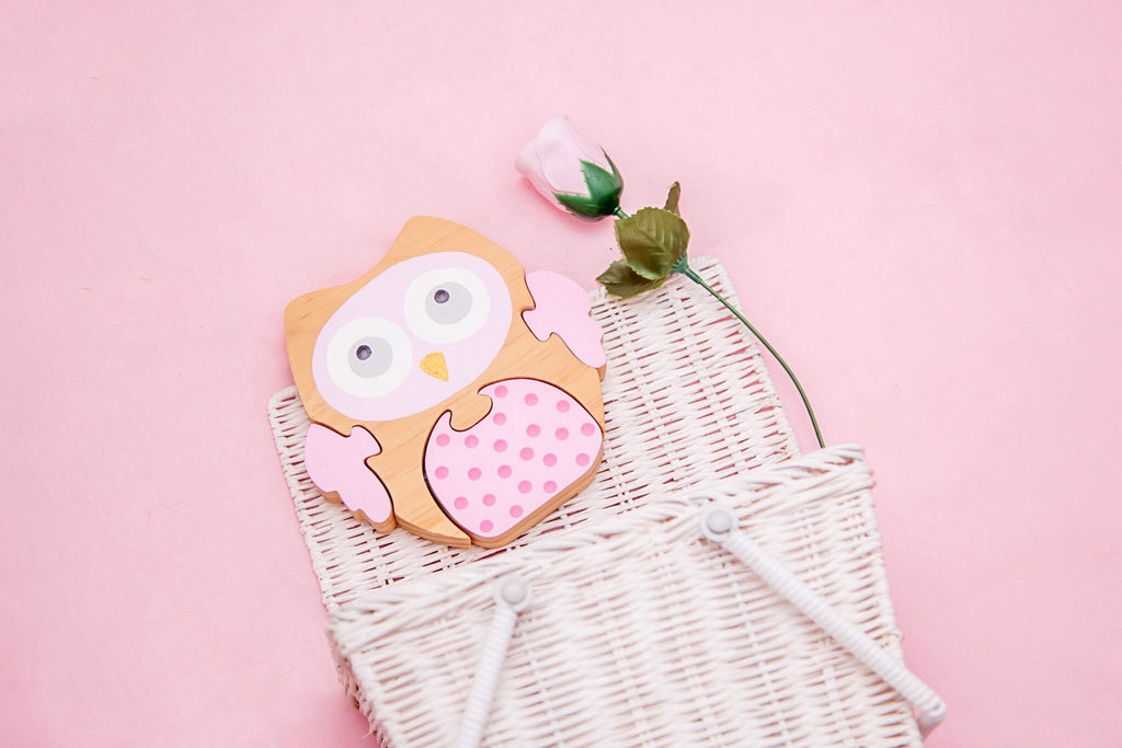 US stockist of Children of the Trees handmade, handpainted pink Oliva Owl wooden toy puzzle.  