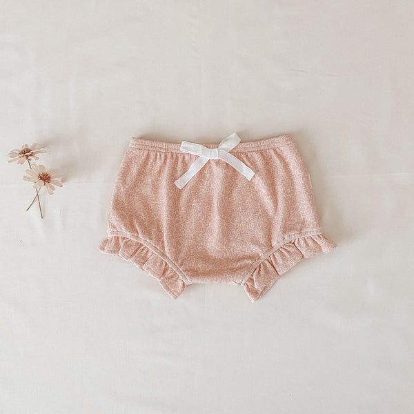 US stockist of India & Grace's Dusty Pink Floral ruffle bloomers.