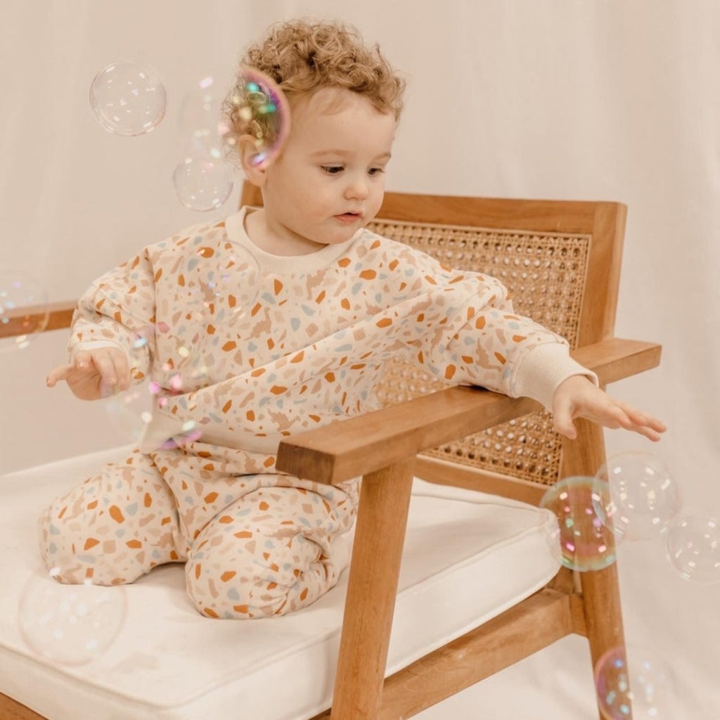 US stockist of India & Grace's gender neutral, organic cotton tracksuit in Dino Terrazzo.