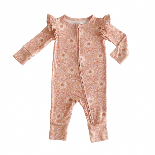 US stockist of India & Grace's Organic bamboo Ruffle zip suit in Bloom Floral.