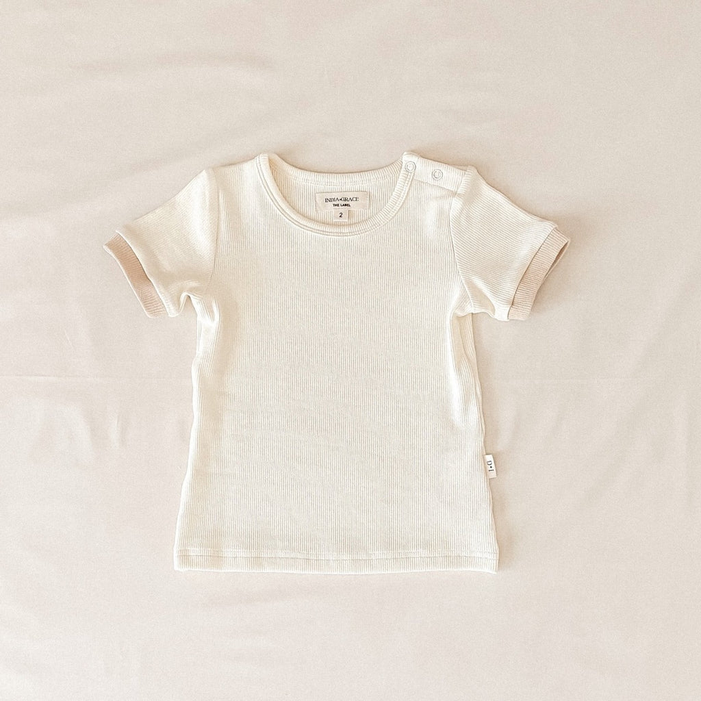 US stockist of India & Grace's short sleeve Cream t-shirt.  Made from soft ribbed cotton with hazelnut cuffs.