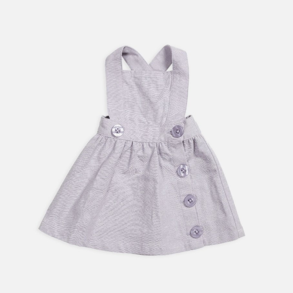 US stockist of Miann and Co's Lavender Grey Pinafore Dress made from cotton and linen.  Adjustable straps.