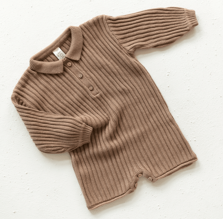 US stockist of Illoura the Label's gender neutral, Essential Knit Romper in Chocolate.  Made from 100% rib cotton with coconut buttons on placket and a collar.